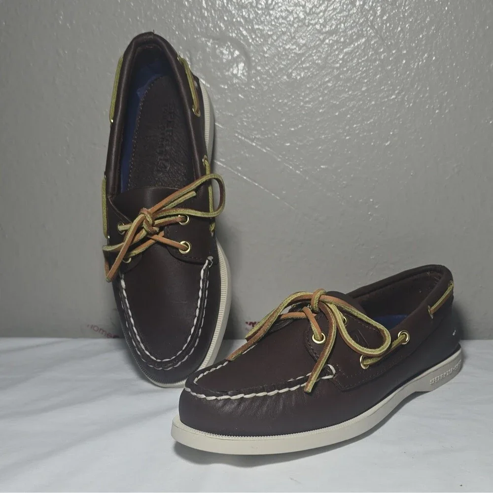 Sperry Top-Sider A/O Womens Brown Leather Boat Shoes 5M Multi-Color Laces New[3J